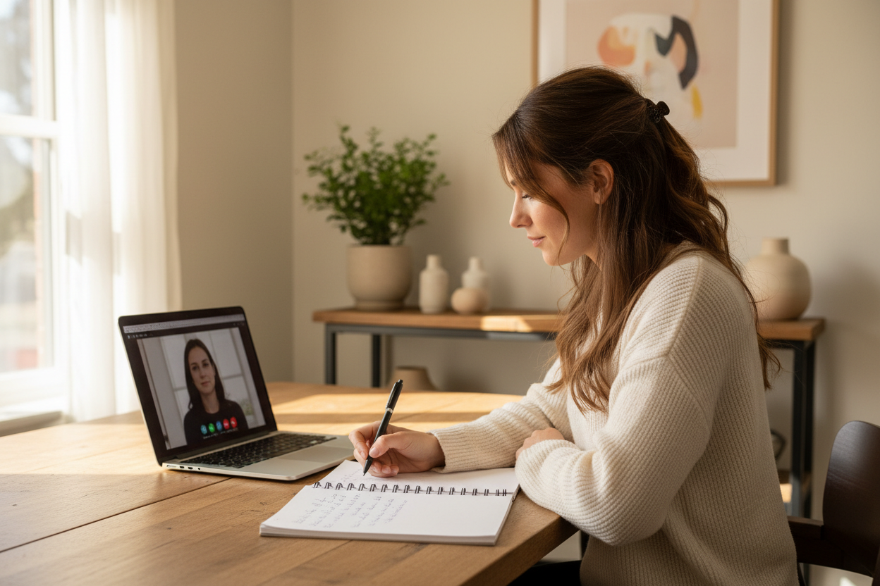 chica con el pelo largo, sentada en su comedor, haciendo una sesion de terapia online y tomando apuntes